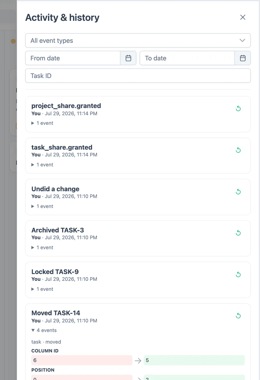 The activity drawer listing operations — undo, archive, lock, moves, a created status — with one expanded into its four events