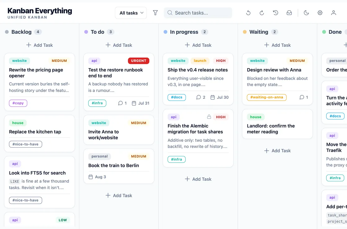 The Kanban Everything board with five columns — Backlog, To do, In progress, Waiting, Done — holding a mix of work and private tasks