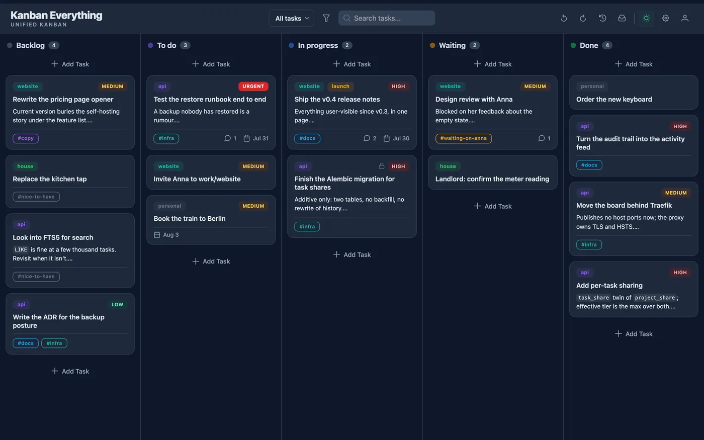 The same board in the application's dark theme