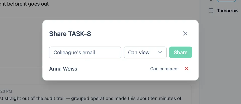 The share dialog for one task, listing a colleague with comment access