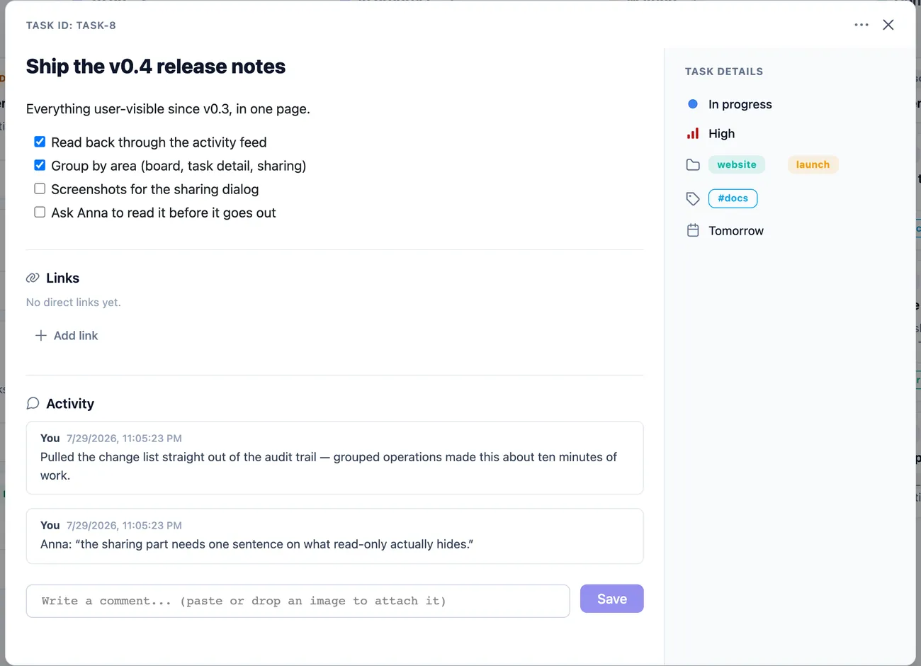 An open task showing a description with a checklist, two comments, and a details sidebar with status, priority, projects, tags and due date
